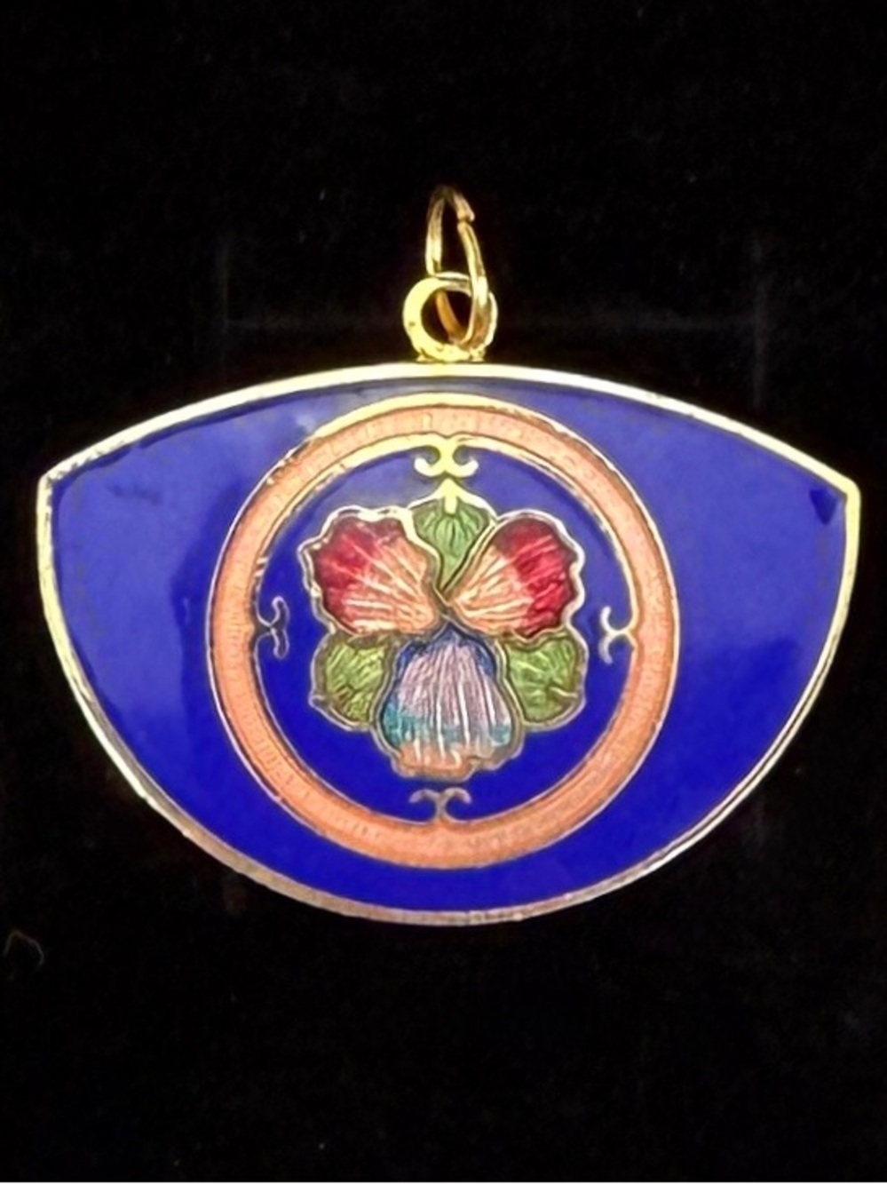 Vintage cloisonné Blue and Goldtone Floral Pendant